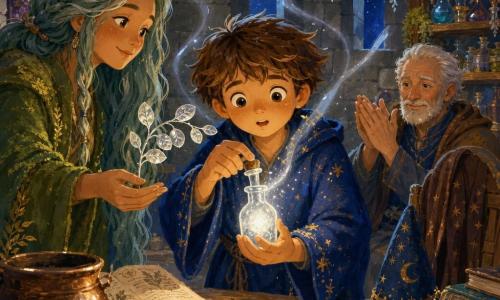 A round-towered workshop lit by bluish moonlight: a curious 9-year-old apprentice with a round face, wide bright eyes and messy brown hair wears a deep blue short robe dusted with gold; he looks focused and moved (determined gaze, furrowed brow) as he gently uncorks a small glass vial containing a silvery light. To his left Silene, a quiet 40-year-old herbalist with slightly tanned skin and long gray-green braided hair in a moss-green cloak, smiles softly and extends a moonwort branch toward the vial. Behind a large wooden table, a relieved older master wizard, about 60, white hair and short beard, sits applauding gently, his brown cloak thrown over a chair beside a dusty hat. The stone-walled circular room has narrow windows, curved shelves of glass jars with colored liquids, stacks of cracked-bound books, copper cauldrons, hanging silver-leaved plants and patches of moss; silver mist curls around the figures and light-dust bursts from the vial, creating a warm, magical, relieved atmosphere focused on the glowing vial and the characters’ hands, rendered in soft gouache-like colors with visible brushstrokes.