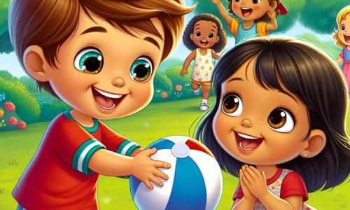 Un niño de 4 años, Tomás, con cabello castaño y ojos brillantes, sonríe alegremente mientras le muestra a una nueva amiga cómo jugar a la pelota. Lleva una camiseta roja y un short azul, y su rostro expresa entusiasmo y amabilidad. A su lado, Lina, una niña de 4 años con cabello negro y piel caramelo, observa la pelota con curiosidad. Ella lleva un vestido colorido con flores y parece un poco tímida pero feliz de aprender. Al fondo, Ana, otra niña de 4 años con cabello rubio y piel clara, aplaude con una gran sonrisa, animando a Lina. La escena tiene lugar en un parque verde, lleno de árboles majestuosos y flores coloridas, bajo un cielo azul y soleado. Las risas de los niños resuenan a su alrededor, creando una atmósfera alegre y acogedora. La situación principal muestra a Tomás enseñando a Lina cómo jugar a la pelota, ilustrando así el tema de la tolerancia y la amistad entre niños de diferentes orígenes.