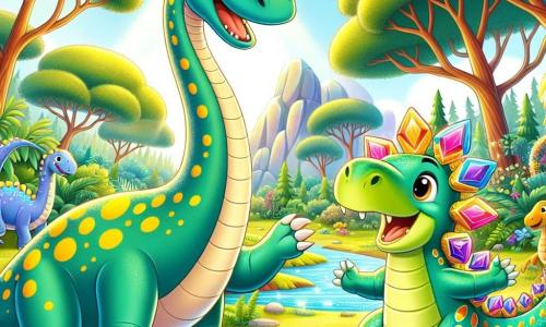Un diplodocus alegre, con un largo cuello y una piel verde brillante salpicada de manchas amarillas, se encuentra en el centro de la escena, sonriendo con ojos chispeantes de emoción. A su lado, un estegosaurio colorido llamado Teko, con placas en forma de diamante en su espalda, baila alegremente, sus ojos brillando de felicidad. La escena tiene lugar en un claro soleado de la jungla prehistórica, rodeado de árboles gigantes con hojas exuberantes y flores de colores vivos, mientras un arroyo brilla cerca, añadiendo un toque de magia al entorno. Dino y Teko celebran su nueva amistad bailando alrededor de una hermosa torre construida con piedras preciosas, iluminada por los rayos del sol, mientras otros dinosaurios los observan con asombro, creando una atmósfera festiva y alegre.