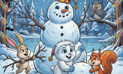 Floco, personagem principal: pequeno ser fantasioso de pelagem branca e olhos azuis, alegre e orgulhoso, colocando um chapéu colorido na cabeça de um enorme boneco de neve ajoelhado na neve com pegadas ao redor; Lila, a lebre: pequena coelha bege de grandes orelhas rosadas, sorriso animado, segurando um galho para o braço do boneco, à esquerda de Floco; Tico, o esquilo: esquilo castanho-avermelhado de olhar malicioso, empurrando a última bola de neve à direita de Floco com alguns flocos presos à pelagem; Professor Coruja: coruja cinzenta de óculos, empoleirada numa galha baixa ao fundo, observando benevolente e aplaudindo discretamente; local: lago gelado junto a uma floresta encantada com árvores cobertas de neve brilhante e guirlandas multicoloridas, céu crepuscular com lua e estrelas e reflexos suaves no gelo; situação: festa de inverno em que amigos revelam um boneco de neve gigante — clima caloroso, luzes coloridas, risos, composição centrada no boneco e no trio em ação; estilo gráfico: traço nítido tipo comics, cores vivas com predominância de tons frios (azuis, brancos, prata), texturas detalhadas de pelagem e neve, iluminação suave ao luar e brilho quente das guirlandas.
