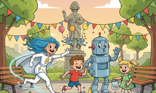 Aurora Centella, heroína sonriente y decidida con mechones azul eléctrico y capa plateada brillante, traje con rayos amarillos, corre dejando una estela luminosa azul y extiende la mano para animar; junto a ella, Robo-Ruido, gran robot amigo de metal pulido con remaches y ojos rojos amables, rueda silbando y aplaude; un niño de 7 años de pelo castaño con camiseta roja salta riendo sobre un cono; una niña de 6 años con trenzas rubias y vestido verde ayuda a recoger confeti con una bolsita; tres mini-robots cilindro juguetones esquivan globos y pintan bigotes imaginarios en una estatua; escena en un parque urbano pavimentado con césped, bancos, árboles y banderolas, confeti y conos por el suelo; situación: carrera de relevos alegre y limpieza colectiva al atardecer; estilo: colores vivos y contrastados, contornos marcados, curvas exageradas, texturas brillantes y expresiones claras y cálida atmósfera lúdica.