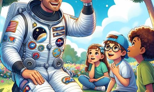Un astronaut, un bărbat de aproximativ 40 de ani cu părul brunet și o barbă ușoară, zâmbește cu entuziasm în timp ce povestește istorii fascinante despre spațiu. Poartă un costum spațial alb strălucitor, împodobit cu patch-uri colorate care reprezintă diferite misiuni. Lângă el, o fetiță numită Ioana, în vârstă de 8 ani, cu părul creț și ochi strălucitori de curiozitate, îl ascultă cu atenție, cu mâinile pe genunchi, uimită de poveștile lui. Un băiat numit Dominic, în vârstă de 9 ani, cu ochelari rotunzi și o șapcă albastră, stă puțin mai în spate, ridicând mâna pentru a pune o întrebare, având un aer nerăbdător și excitat. Scena se desfășoară într-un parc însorit, înconjurat de copaci verzi și flori colorate, cu copii așezați pe iarbă, captivați de astronaut. În fundal, se poate vedea un cer albastru deschis presărat cu câteva nori albi pufoși. Situația principală arată astronautul împărtășind povești despre aventurile sale în spațiu, în timp ce copiii îl ascultă cu uimire, visând să devină și ei exploratori ai stelelor.