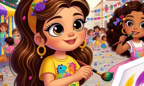 No centro da imagem, uma menina de 10 anos, Clara, com longos cabelos castanhos e olhos brilhantes de curiosidade, está pintando uma tela colorida. Ela usa uma camiseta amarela com desenhos de dinossauro, e seu rosto expressa alegria e orgulho enquanto sorri ao olhar sua obra. Ao lado dela, sua melhor amiga Lúcia, também de 10 anos, com cabelos cacheados e um vestido rosa, a incentiva com um grande sorriso, segurando uma paleta de pintura nas mãos. Ao fundo, uma grande praça animada está decorada com balões coloridos e guirlandas, cheia de crianças brincando e rindo, com barracas de jogos e atividades criativas. A cena transmite uma atmosfera festiva e acolhedora, ilustrando o momento em que Clara descobre sua autoconfiança ao expressar sua criatividade através da pintura.