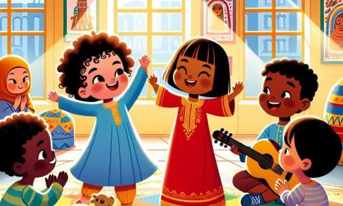 A 4-year-old girl named Mia, with curly hair and sparkling brown eyes, joyfully dances in a circle of friends. She wears a colorful dress and has a big smile, filled with excitement and happiness. Next to her is a 5-year-old boy named Omar, with dark skin and short hair, playing with a small stuffed camel representing his home country, Egypt. He stands slightly back, laughing and encouraging Mia to dance. A little further away, a 4-year-old girl named Mei, with smooth black hair and light skin, wears a traditional red dress and claps while watching Mia, her eyes shining with joy. Finally, a 6-year-old boy named Carlos, with tanned skin and curly hair, plays the guitar while sitting on a small bench, smiling at his friends dancing, adding to the festive atmosphere. The setting is the Cultural Center, a large colorful building with blue and yellow walls, decorated with children's drawings representing cultures from around the world. Large windows let in sunlight, illuminating the room filled with colorful rugs and cushions. The main scene shows Mia and her friends dancing together, celebrating their diversity and friendship, surrounded by laughter and music, creating a joyful and warm atmosphere.