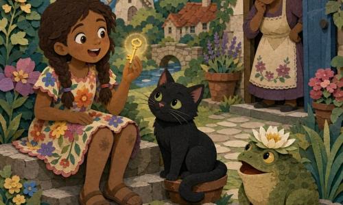 Una niña de 10 años, feliz y maravillada, sostiene una pequeña llave dorada que brilla; es morena con trenzas, vestido floral, rodillas algo sucias, ojos grandes y brillantes, sentada en un escalón de piedra contando una historia. Un gato negro de ojos verdes, encantador y sonriente, escucha agazapado a su lado con la cola enroscada en una jardinera. Un sapo sabio, verde con corona de nenúfares, croa tranquilamente junto a un pequeño estanque sobre una piedra baja frente a la niña. La abuela (~70 años) aparece en la puerta al fondo, pelo gris recogido en moño, con delantal y sonrisa traviesa. El jardín es un rincón de pueblo luminoso con camino de piedras, arbustos floridos, un viejo molino y un estanque brillante. La llave emite un tenue halo luminoso y los animales escuchan como si hubiera magia en el aire.