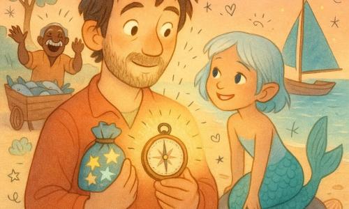 Mateo, hombre de rostro dulce, barba rala y pelo castaño despeinado, mira asombrado y sereno sosteniendo una brújula antigua y un pequeño saco de estrellas-memoria que brillan en amarillo y azul pálido junto al pecho; a su derecha, Lira, niña híbrida con cola de pez turquesa y cabello corto plateado, agachada sobre una piedra húmeda, lo observa sonriendo; a la izquierda, un comerciante anciano de rostro arrugado y bigote blanco ríe junto a una carreta de pescados; todo en una playa hecha de páginas apiladas con árboles de hojas de papel, conchas brillantes y un pequeño bote de vela azul amarrado, bajo un cielo crepuscular salpicado de estrellas, mientras la brújula gira y los fragmentos-memoria flotan como pequeñas linternas en una atmósfera cálida de colores pastel y luz dorada suave.
