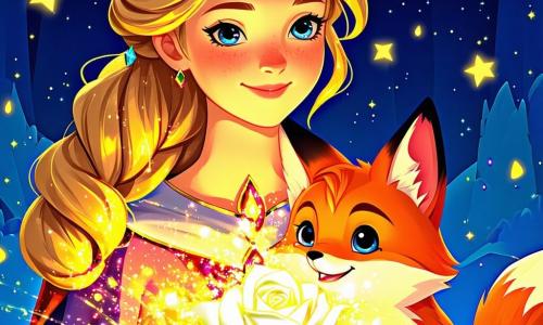 Elara, eine junge Frau mit glänzendem goldenen Haar und funkelnden Augen wie Sterne, steht stolz im Mittelpunkt der Bühne und hält eine wunderschöne magische Rose in leuchtenden Farben. Ihr Gesicht drückt Entschlossenheit und Freude aus, während sie sich darauf vorbereitet, das Unheil, das über ihrem Königreich schwebt, zu brechen. Neben ihr ermutigt Felix, ein kleiner schlauer Fuchs mit schelmischen Augen und rotem Fell, sie mit einem verschmitzten Lächeln und hüpft fröhlich auf seinen Hinterbeinen. Der Hintergrund zeigt eine wunderschöne sonnige Lichtung, umgeben von hohen Bäumen mit leuchtend grünen Blättern und bunten Blumen, die im Wind tanzen. In der Ferne sind majestätische Berge unter einem azurblauen Himmel zu sehen, was eine magische und friedliche Atmosphäre schafft. Die Hauptsituation zeigt Elara, die die magische Rose gen Himmel hebt, bereit, ihr Königreich von einem dunklen Fluch zu befreien, während goldene Lichtstrahlen von der Blume ausgehen und die Lichtung erhellen, Hoffnung und Freude zu allen bringen, die sie umgeben.