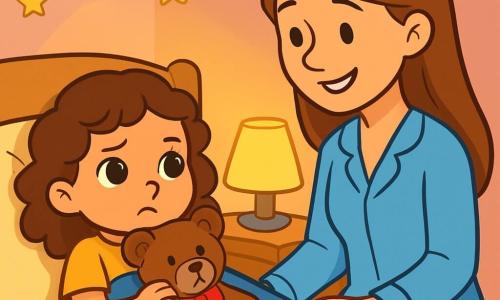 A 4-year-old girl with big sparkling brown eyes and curly hair is lying in her bed. She has a worried yet determined expression, holding her teddy bear, Teddy, against her chest. Teddy is a brown bear with a red bow around its neck, looking comforting. Her mother, a gentle woman in her 30s, sits on the edge of the bed with a soothing smile. She has long, smooth hair and is wearing light blue pajamas. She affectionately looks at her daughter, ready to sing her a lullaby. The room is cozy, with pastel pink walls and golden stars stuck to the ceiling. A small nightlight emits a soft yellow glow, casting shadows on the walls. The main situation shows the little girl, though slightly scared of the dark, feeling comforted by her mother's presence and her teddy bear. She is ready to face her fears, with a mix of worry and courage on her face.