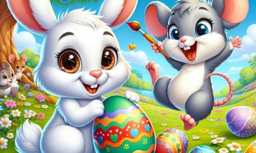 Hopsi, ein niedlicher kleiner Hase mit weißen Ohren und fröhlich funkelnden braunen Augen, malt ein Osterei in leuchtenden Farben und lächelt dabei. Neben ihm springt Mimi, eine kleine graue Maus mit einem langen, dünnen Schwanz, vor Freude und hält einen bunten Pinsel in der Hand, ihre Augen leuchten vor Aufregung. Die Szene spielt auf einer sonnigen Wiese mit bunten Blumen und einem großen Baum mit üppigem grünem Laub im Hintergrund. Rundherum sind dekorierte Ostereier verstreut, die der Szene eine festliche Note verleihen. Hopsi und Mimi sind mit ihren tierischen Freunden beschäftigt, enthusiastisch die Dekorationen für das große Osterfest vorzubereiten, was eine fröhliche und lebendige Atmosphäre schafft.