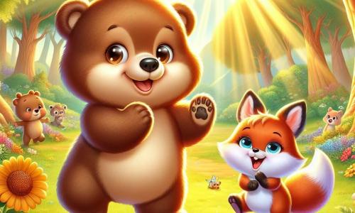 Un piccolo orso bruno con un peluche morbido e occhi brillanti, con un grande sorriso di felicità, si trova al centro di una radura soleggiata, circondato da fiori colorati e alberi maestosi. Alla sua destra, una piccola volpe dai peli rossi brillanti e dagli occhi maliziosi, saltellando di gioia, alza una zampa per applaudire, piena di entusiasmo. A sinistra, un adorabile coniglio bianco con grandi orecchie e un'aria curiosa, che sorride ampiamente, tiene una torta al miele tra le zampe, pronto a condividerla. La scena si svolge in una radiosa radura, bagnata di luce dorata, dove i raggi di sole filtrano tra le foglie degli alberi, creando un gioco di ombre e luci sul terreno ricoperto di fiori selvatici. I personaggi celebrano insieme una grande festa dell'amicizia, circondati da altri animali della foresta, in un'atmosfera gioiosa e festosa, con palloncini colorati che fluttuano nell'aria e risate che risuonano attorno a loro.
