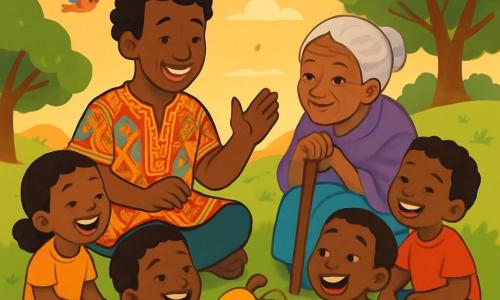 A man named Kofi, smiling and warm, with brown skin and curly hair, is sitting on a green hill surrounded by colorful flowers. He wears a light fabric tunic with African patterns, and his gaze is gentle and kind. Next to him, an elderly woman, around 70 years old, with gray hair and a wrinkled face, smiles while holding a wooden cane. She sits on the grass, listening attentively to Kofi. A group of children, boys and girls aged about 8 to 10, sits around them, their eyes shining with excitement, some laughing and others listening in wonder. The setting is a gentle hill bathed in the golden light of the setting sun, with majestic trees in the background and colorful birds flying in the sky. Juicy fruits like mangoes and oranges are arranged in a wicker basket next to Kofi. The main scene shows Kofi sharing stories and laughter with the children, creating a moment of joy and camaraderie, while a gentle breeze makes the leaves dance around them.