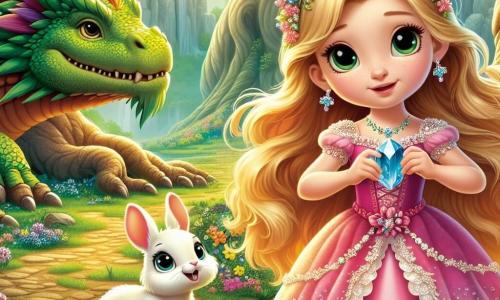 La principessa Isabella, una ragazza di circa 10 anni, è al centro della scena, con lunghi capelli dorati che fluttuano nel vento. Indossa un magnifico abito rosa decorato con fiori scintillanti e ha un'espressione di determinazione e coraggio. Accanto a lei, un piccolo coniglio dalle grandi orecchie, con pelliccia bianca e occhi vivaci, la guarda con ammirazione, pronto ad aiutarla nella sua missione. Un maestoso drago, con squame verdi brillanti e occhi dolci, si trova leggermente indietro, mostrando una postura protettiva, pronto a difendere i suoi nuovi amici. La scena si svolge in una radura incantata, circondata da alberi giganti dai tronchi nodosi e foglie dai colori vivaci. Isabella, con il suo cristallo blu brillante in mano, si rivolge coraggiosamente al drago, proponendogli di diventare il custode del regno e di proteggere tutti gli animali del bosco.