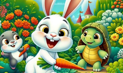 Un adorabile coniglio bianco con grandi orecchie e un sorriso malizioso salta gioiosamente in un giardino colorato alla ricerca di carote. Accanto a lui, un piccolo topo grigio con occhi scintillanti corre ridendo, tenendo una carota di plastica tra le zampe. Più lontano, una tartaruga con il guscio verde e occhi dolci avanza lentamente, sorridendo mentre osserva i suoi amici con tenerezza. Il giardino è pieno di fiori vivaci, cespugli folti e carote di plastica che brillano al sole. Sullo sfondo, un cielo azzurro chiaro con alcune nuvole soffici aggiunge un tocco di magia alla scena. La situazione principale mostra il trio di amici che scopre con sorpresa un mucchio di carote di plastica, ridendo insieme di questa divertente scoperta, circondati dalla bellezza del giardino.