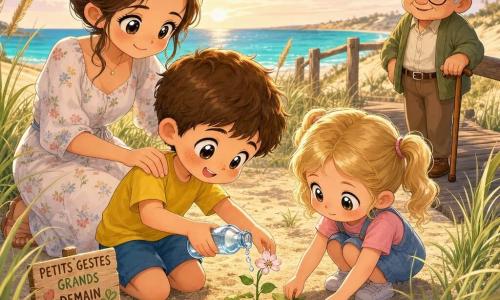 Ein circa sechsjähriger Junge mit kurzen braunen Haaren und Sommersprossen kniet glücklich im Sand, trägt gelbes T‑Shirt und blauen Short und gießt behutsam eine fragile Dünenblume mit einer kleinen Flasche; dahinter steht seine etwa 30‑jährige Mutter mit chignon, lächelnd und die Hand auf seiner Schulter, links eine schüchterne gleichaltrige blond geflochtene Schwester, die einen Kreis aus Blättern um die Blume legt, und auf einem Holzweg ein etwa 70‑jähriger Mann mit weißen Haaren, runder Brille und Stock, der stolz zuschaut; goldene Düne mit feinen grünen Gräsern, Muscheln, Holzstegen und türkisfarbenem Meer unter pastellfarbenem Himmel, weiches Spätnachmittagslicht, sandige Texturen sichtbar; Szene im chibi‑kawaii‑Stil, lebendige aber sanfte Farben, klare Konturen, überzeichnete Mimik, glänzende Augen, zentrale Komposition.