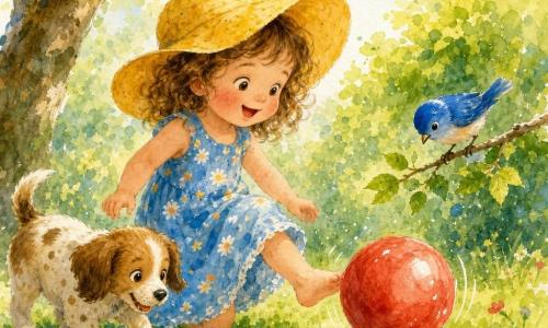 Bambina di 2 anni sorridente e curiosa, capelli castani ricci, grande cappello giallo e vestito a fiori blu; è inginocchiata e spinge con il piede una grossa palla rossa che fa «toc-toc» rotolando; vicino a lei su un ramo basso un piccolo uccellino blu vivace inclina la testa verso la palla; accanto alla bambina un cucciolo marrone macchiato dalle orecchie cadenti scodinzola con il muso rivolto alla palla; giardino luminoso con erba verde, un grande albero a sinistra, un cespuglio a foglie verde chiaro e qualche fiore rosso e bianco; espressioni stupite e gioiose, movimento delicato della palla, atmosfera giocosa e sicura
