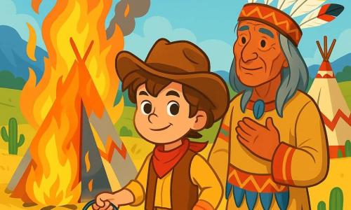Un giovane cowboy, Luca, un ragazzo di 10 anni con occhi scintillanti e capelli castani arruffati, si trova coraggiosamente davanti a un accampamento indiano in fiamme. Il suo viso esprime determinazione, con un leggero sorriso, mentre indossa un cappello da cowboy usurato e un gilet di pelle. Accanto a lui, il capo indiano, un uomo anziano con lunghi capelli grigi e pelle abbronzata, osserva la scena con gratitudine e rispetto, indossando una tunica tradizionale ornata di piume colorate. Il luogo è una vasta prateria dorata, con colline verdi e cactus, sotto un cielo blu brillante con alcune nuvole bianche. In lontananza, si ergono montagne maestose. La scena principale mostra Luca che, con coraggio, si avvicina alle fiamme per aiutare a spegnere il fuoco che minaccia le tende dell'accampamento, mentre il capo indiano lo incoraggia con uno sguardo pieno di speranza.