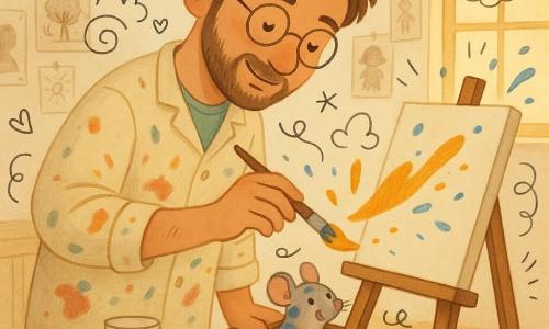 Ein erwachsener Mann, Lukas, wirkt gelassen und konzentriert mit leichtem Lächeln; er hat kurze kastanienbraune Haare, leichten Bart, runde Brille und trägt eine farbfleckige Schürze, hält einen mit einer kräftigen Farbe geladenen Pinsel und neigt den Kopf zur Leinwand; eine winzige Maus, mit blauen und gelben Farbsprenkeln, lugt schelmisch aus einer offenen Schublade; auf dem Tisch liegen zerknüllte Blätter, zerquetschte Farbtuben, ein trübes Wasserglas, Stifte und eine Farbkiste verstreut; das Atelier ist warm und intim mit Dielenboden, von Skizzen bedeckten Wänden, einem großen Fenster, das goldenes Abendlicht hereinlässt, und einer kleinen, tickenden Wanduhr; Hauptsituation: Lukas beginnt eine große Leinwand, probiert eine neue, kühne Farbe, der Pinsel bewegt sich, Farbtropfen fliegen, die Maus feuert ihn aus der Schublade an.