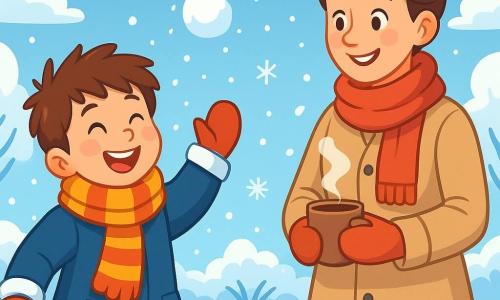 An 8-year-old boy, Max, with messy brown hair and rosy cheeks from the cold, joyfully smiles while wearing a large blue coat and a striped scarf. He is playing in the snow, throwing a snowball into the air, his eyes sparkling with happiness and excitement. Nearby, his mother, a woman in her thirties with brown hair tied in a bun, watches him with a warm smile, holding a steaming cup of hot chocolate. The setting is a snowy garden, with trees covered in sparkling snow and a light blue sky dotted with fluffy white clouds. Snowflakes gently fall around them, creating a magical winter atmosphere. The main scene shows Max having fun in the snow, surrounded by laughter and joy, while his mother encourages him tenderly.