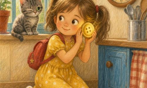 A curious six-year-old girl with brown pigtails, wearing a yellow polka-dot dress and a small red backpack, kneels in a warm kitchen with red tile floor, holding a warm golden button to her ear as if listening to a secret while a soft warm light glows from it; Pickle, a gray tabby kitten with green eyes, sits on the windowsill blinking, and a tin spoon jar and wooden wall clock are on the counter.