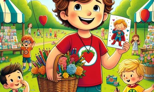 Three boys, Max (9 years old, with brown curly hair, wearing a red t-shirt and blue shorts), Leo (8 years old, with straight blonde hair, dressed in a green t-shirt and shorts), and Finn (9 years old, with wavy brown hair, wearing a yellow t-shirt and jeans), are gathered in a sunny park surrounded by colorful flowers and lush trees. Max stands in the center, holding a large basket filled with handmade cards and small gifts, beaming with a bright smile. Leo, to his right, is drawing on a card with colored pencils, while Finn, to the left, proudly shows an illustrated superhero card to his mother, who stands nearby, amazed by their surprise. The park is lively, with families laughing and balloons floating in the blue sky. Decorated stands with colorful flowers and garlands create a festive atmosphere, while children play around a large green lawn. The main scene shows the boys preparing a surprise for their moms, with expressions of joy and excitement on their faces, ready to celebrate Mother's Day with love and creativity.