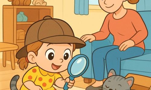 Uma menina de 2 anos, entusiasmada e curiosa, com duas pequenas tranças, olhos grandes e brilhantes, usa um chapéu de detetive grande e um vestido amarelo com bolinhas vermelhas; ajoelha-se e segue uma trilha de migalhas com uma lupa colorida. Uma mulher adulta (mãe, ~30 anos), sorridente e gentil, cabelo castanho-claro apanhado em rabo de cavalo, está junto ao sofá observando a menina com a mão no encosto. Um gato tigrado cinza, redondo e fofo, acompanha-se esfregando-se na perna dela, com bigodes visíveis e olhar travesso. Sala de estar luminosa e acolhedora: tapete bege com padrões geométricos, pequena mesa de madeira clara, caixa de cartão aberta com uma almofada dentro onde um ursinho de pelúcia azul dorme, sofá azul claro e prateleiras com peluches ao fundo; cena doce, cores vivas, contornos nítidos, atmosfera lúdica e segura.