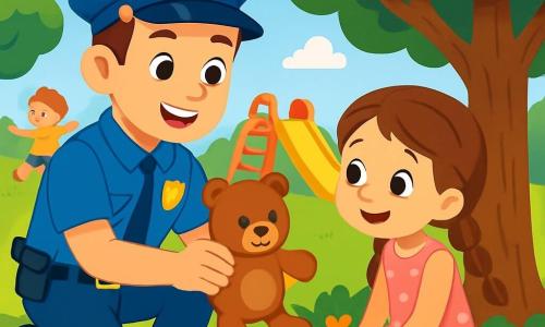 A smiling young police officer, a man about 25 years old, wears a bright blue uniform and a police hat. His face is joyful and determined, with sparkling eyes full of kindness. He is crouched down, helping a little girl find her lost teddy bear. The little girl, Lily, is about 6 years old, with long brown braided hair and a pink polka-dot dress. She is sitting on the grass, looking hopefully at the teddy bear under a tree. The setting is a sunny park, with lush green trees, colorful flowers, and a large slide in the background. Children are playing joyfully around, adding a lively and cheerful atmosphere to the scene. The main focus shows the officer and Lily searching for the teddy bear together, with smiles on their faces, symbolizing cooperation and kindness.