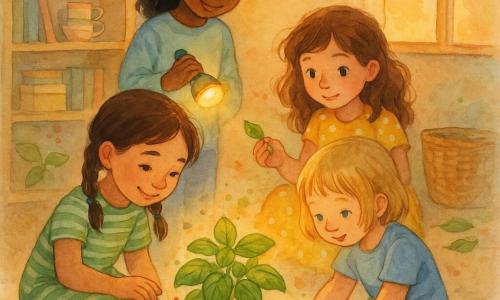 Sunt patru fete: Mara (~6 ani) cu păr brun împletit, rochie verde în dungi, ghemuită lângă un ghiveci de busuioc și atingând frunzele; Lina (~5 ani) cu păr blond scurt, blugi, mâinile în pământ; Daria (~6 ani) cu păr castaniu ondulat, rochie galbenă cu buline, stând în spate și ținând o frunză căzută; Iulia (~7 ani) cu păr negru prins, pulover bleu, stând puțin în spate cu o lanternă caldă. Camera e inundată de lumină seara printr-o fereastră deschisă, covor crem pufos, raft din lemn deschis cu cărți și cești, ghiveci de busuioc pe podea, pete de acuarelă pe covor și frunze rătăcite. Toate îngrijesc ghiveciul: ating pământul, adună frunza căzută și luminează scena cu grijă, într-o paletă caldă, pastelată, cu texturi de acuarelă.