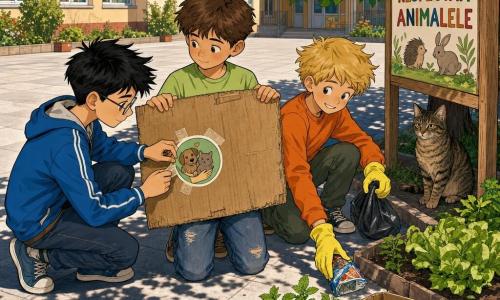 Sunt trei băieți: Andrei, ~10 ani, păr brun scurt, tricou verde deschis, jean uzat, ține un afiş mare din carton reciclat; Vlad, ~11 ani, păr negru pieptănat, ochelari subțiri, jachetă albastră, lipește un autocolant pe afiş cu bandă adezivă; Matei, ~10 ani, păr blond ciufulit, hanorac portocaliu, culege un pachet de gunoi cu mănuși galbene și zâmbește. Loc: curtea unei școli însorite cu dale gri, paturi de compost și un colț de grădină cu mentă și salată, bănci și un panou de lemn la intrare; umbre de frunze de tei. Situația: băieții montează lângă grădină un panou colorat „RESPECTĂM ANIMALELE” cu desene de lăbuțe; lângă ei e o vrabie îngrijită într-o cutie de carton și o pisicuță tigrată stă la umbră, observând, scenă vie, culori calde, gesturi colaborative (lipește, strânge, ține).