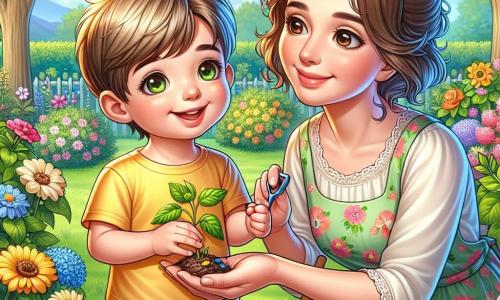 Un băiețel de 4 ani, pe nume Andrei, cu părul castaniu deschis și ochi strălucitori de curiozitate, stă în centrul imaginii, zâmbind larg în timp ce ține semințe de flori în mâinile sale mici. Poartă un tricou galben aprins și o pereche de pantaloni scurți albaștri, iar fața lui radiază de bucurie și entuziasm. Lângă el, mama sa, o femeie de aproximativ 30 de ani, cu părul brun prins într-un coc, zâmbește cu blândețe în timp ce îl privește pe fiul ei. Ea poartă o rochie ușoară cu flori și ține o mică lopată de grădină, pregătită să-l ajute pe Andrei să planteze semințele. Scena are loc într-o frumoasă livadă verde, plină de flori colorate care înfloresc în jurul lor. Andrei și mama sa plantează semințe de flori în grădină, înconjurați de frumusețea primăverii, cu fluturi zburând în jur, adăugând o notă de magie acestui moment fericit.
