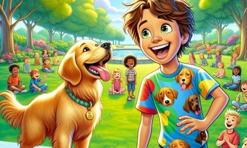 Un niño de 12 años, Lucas, con el cabello castaño desordenado y ojos chispeantes de picardía, está de pie sobre una mesa en un parque soleado, riendo a carcajadas. Lleva una camiseta colorida con estampados de perros y un short de mezclilla. A su lado, su perro Rolo, un golden retriever de pelaje dorado, se sostiene sobre sus patas traseras, contando un chiste con una expresión alegre y traviesa. En el fondo, niños de diferentes edades, sonriendo y riendo, escuchan atentamente, sentados sobre la hierba verde salpicada de flores coloridas. El parque está lleno de árboles majestuosos con hojas brillantes, y un cielo azul claro se extiende arriba, salpicado de algunas nubes esponjosas. La escena principal muestra a Lucas y Rolo en un espectáculo cómico, cautivando la atención de todos los niños a su alrededor, creando una atmósfera de alegría y risas contagiosas.