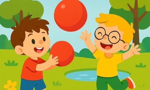 There are 2 main characters: - Timmy: a 5-year-old boy with messy brown hair, wearing a red t-shirt and blue shorts. He is cheerful and smiling, holding a large red balloon in his hands. - Sam: a 5-year-old boy with blonde hair and round glasses, dressed in a yellow t-shirt and green pants. He is laughing, ready to catch the balloon that Timmy is throwing to him. The setting is a sunny park filled with vibrant green grass and colorful flowers. In the distance, majestic trees with shiny leaves can be seen, and a clear blue sky dotted with fluffy white clouds. A small pond sparkles in the sunlight, adding a touch of magic to the environment. The main scene shows Timmy throwing his red balloon towards Sam, who is jumping to catch it. The two friends are surrounded by laughter and joy, illustrating their beautiful friendship in this bright and welcoming setting.