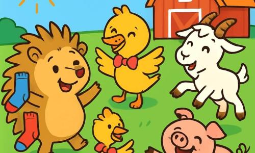A small hedgehog named Harry, with a round body and golden spikes, smiles joyfully, his eyes sparkling with excitement. He wears a blue, red, and starry sock on his spikes while dancing on the green grass. Next to him, a playful hen named Daisy, with yellow feathers and a pretty pink bow, claps her wings. Benny, the little goat with white fur and curved horns, joyfully jumps with a hat on his head, while Penny, the little pink pig, rolls in the grass with a big smile. The scene takes place on a sunny farm, surrounded by colorful flowers and a bright blue sky. The animals are having a sock parade, laughing and singing together, creating an atmosphere of joy and camaraderie.