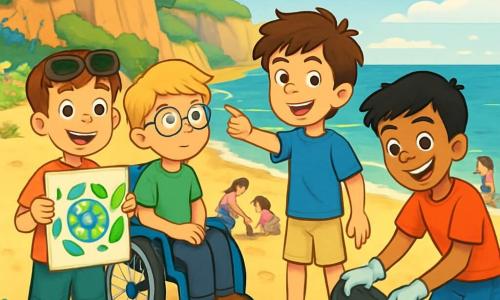 There are four children: Max, an 11-year-old boy with messy brown hair and sparkling curious eyes, wearing a blue t-shirt and beige shorts, standing in the center, smiling and pointing towards the sea; Leo, a 10-year-old boy with round glasses and blonde hair, sitting in his wheelchair, dressed in a green t-shirt and black pants, looking thoughtfully at the beach; Sam, an athletic 11-year-old boy with black hair and a bright smile, to the right of Max, picking up trash on the sand, wearing a red t-shirt and blue shorts; and Alex, a 10-year-old boy with brown hair and sunglasses on his head, to the left of Leo, holding a colorful poster about environmental protection with an enthusiastic expression. The main setting is Sandy Cove, a beautiful beach with golden sand and gentle waves lapping the shore, backed by green cliffs with some trees and wildflowers adding color to the landscape. The blue sky is dotted with fluffy white clouds. The main situation shows the four friends cleaning the beach, picking up trash and planting trees to protect their environment, surrounded by families and children joining them, creating a joyful and collaborative atmosphere, all united to save their beautiful beach.