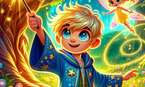 An 11-year-old boy named Theo is a wizard apprentice with messy brown hair and curious sparkling eyes. He wears a blue wizard robe adorned with golden stars, and his face shows determination mixed with wonder. He stands in front of the majestic Heartwood Tree, raising his wand to the sky, surrounded by a glowing light. Beside him, Lirael, a small glowing fairy with sparkling wings, floats in the air, her eyes bright with excitement, encouraging Theo with a warm smile. The setting is an enchanted glade bathed in golden light, where sun rays filter through the green leaves, creating dancing light patterns on the ground. The main scene shows Theo and Lirael united in a moment of magic, ready to defend the forest against approaching threatening shadows, the air vibrant with energy and mystery.
