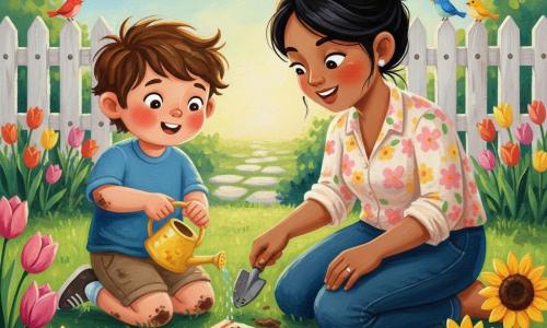 A delighted 4-year-old boy with messy brown hair and dirt on his knees holds a small yellow watering can, pouring water on a packet of seeds while his smiling, kind mother kneels beside him with her hair in a bun and a floral blouse, pointing where to dig with a small wooden trowel; tulip and sunflower bulbs and green shoots emerge from dark soil with a few pink and yellow blooms open, set in a bright spring garden with a green lawn, light stone path, blue sky with fluffy clouds and birds on a white wooden fence, the scene in vivid colors with thick acrylic texture and soft morning light.
