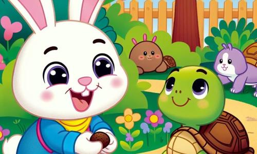 Benny the Bunny, a small rabbit with big ears and soft white fur, is joyfully smiling while planting seeds in the school garden. His eyes shine with excitement and friendship. Next to him, Tilly the Tortoise, a turtle with a shiny green shell and curious eyes, watches Benny with a shy smile, holding a small seed in her paws, ready to plant it carefully. The school garden is an enchanting place, surrounded by tall trees with colorful leaves and vibrant flowers dancing in the wind. The rich brown soil is dotted with small gardening tools and the laughter of animals. The main scene shows Benny and Tilly planting seeds together, illustrating their budding friendship and the joy of teamwork in a magical school setting.