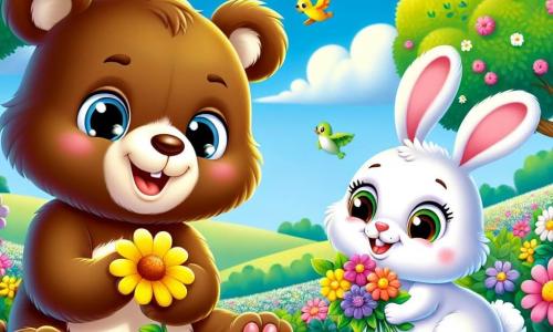 Un piccolo orso bruno di nome Bruno, con un pelo morbido e occhi scintillanti di gioia, è accucciato in un campo di fiori colorati, sorridendo ampiamente mentre tiene un bel fiore giallo tra le zampe. Accanto a lui, una piccola coniglietta bianca di nome Lina, con grandi orecchie e un viso curioso, salta gioiosamente, i suoi occhi brillano di eccitazione mentre tiene un mazzo di fiori rosa. Il luogo è un magnifico campo primaverile, pieno di fiori vivaci sotto un cielo blu chiaro punteggiato da alcune nuvole bianche e soffici. La scena principale mostra Bruno e Lina mentre decorano il loro angolo di natura con fiori, ridendo e divertendosi insieme, circondati dalla bellezza della stagione primaverile.
