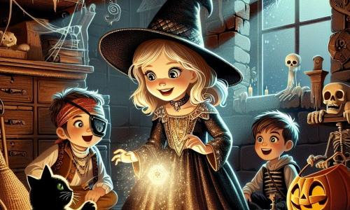 A 10-year-old girl, Lily, stands in the center of the image, wearing a sparkling witch costume with a pointed hat. Her face is lit up with a mix of excitement and curiosity, her bright eyes fixed on a glowing orb floating in front of her. Next to her, Max, a 10-year-old boy dressed as a pirate with a red bandana and a toy sword, looks at the orb with a blend of wonder and apprehension. Bella, another 10-year-old girl dressed as a black cat with pointed ears, smiles joyfully, holding a bag of candy in one hand and pointing at the orb with the other. The scene takes place in a dark, dusty room of an old haunted house, with worn wooden walls, cobwebs in the corners, and old toys scattered on the floor. A large antique mirror reflects the light from the orb, adding a magical ambiance to the atmosphere. Together, Lily, Max, and Bella discover the mysterious glowing orb, which transforms into a friendly ghost, creating a moment of surprise and joy as they prepare for an unforgettable Halloween adventure.