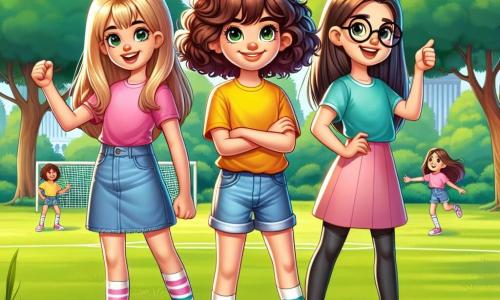 In un parco soleggiato, tre amiche si stanno preparando per una sfida. Giulia, una ragazza di 12 anni con capelli ricci e castani, indossa una maglietta gialla e un pantaloncino di jeans, con un grande sorriso e le braccia incrociate, piena di fiducia. Marta, con capelli lisci e biondi, indossa un vestito rosa e scarpe bianche, incoraggiando Giulia con un pollice in su. Sara, con capelli castani e occhiali, è a destra di Giulia, indossando una maglietta blu e pantaloni neri, pronta a giocare con un pallone da calcio. Il parco è verde e pieno di alberi e fiori colorati, con un campo da calcio sullo sfondo dove altri bambini giocano. La scena principale mostra Giulia, circondata dalle amiche, pronta a partecipare a una partita di calcio, con un'espressione di eccitazione e nervosismo.