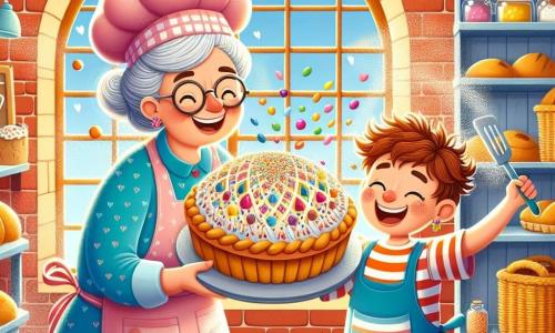 Mevrouw Klara is een vrolijke vrouw van ongeveer 50 jaar, met grijs haar in een knot en ronde brillen. Ze draagt een kleurr apron en een grote bakkershoed, terwijl ze trots glimlacht en een prachtige grote taart met kleurrijke sprinkles vasthoudt. Naast haar staat Max, een 8-jarig jongetje met rommelig bruin haar en nieuwsgierige ogen. Hij draagt een gestreept t-shirt en korte broek, en lacht terwijl hij een spatel vasthoudt, klaar om te helpen de taart te versieren. De scène speelt zich af in een charmante bakkerij met rode bakstenen muren, planken vol gouden broden en kleurrijke gebakjes, en een groot raam dat zonlicht binnenlaat en de kamer op warme wijze verlicht. De hoofd situatie toont Mevrouw Klara en Max die samen een grote taart versieren voor het dorpsfestival, omringd door een wolk van bloem en felle kleuren, wat de vreugde en vriendschap van hun samenwerking illustreert.