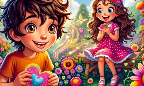 Un niño de 12 años, llamado Valentín, con el cabello castaño desordenado y ojos brillantes de curiosidad, está sentado en un banco de madera en un jardín encantado. Sonríe entusiasmado, sosteniendo una tarjeta colorida en forma de corazón en sus manos, rodeado de flores brillantes que parecen susurrarle secretos. A su lado, una niña de su edad, Lucía, con cabello largo y ondulado, vestida con un vestido rosa con lunares, ríe alegremente al mirar a Valentín. Ella sostiene otra tarjeta en forma de corazón, lista para dársela a un amigo. En el fondo, el jardín está lleno de flores multicolores, mariposas revoloteando y guirnaldas de corazones flotando en el aire, creando una atmósfera mágica y alegre. La escena captura el momento en que Valentín y Lucía preparan sus tarjetas para la gran fiesta de San Valentín, rodeados por la belleza del jardín.