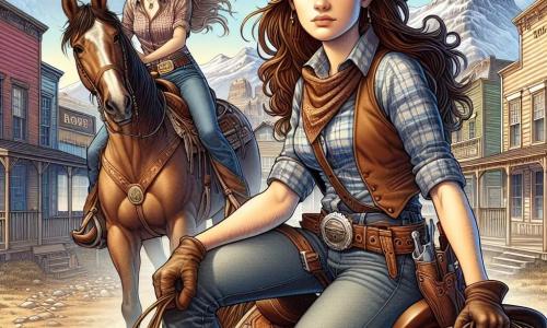Im Zentrum des Bildes steht Emma, eine etwa 25-jährige Cowgirl, stolz auf ihrem Pferd, mit wehenden braunen Haaren im Wind. Sie trägt einen Cowboyhut, ein kariertes Hemd und eine abgewetzte Jeans, mit einem entschlossenen und mutigen Ausdruck, bereit, ihre Stadt zu verteidigen. Neben ihr steht Sarah, eine 20-jährige Frau mit langen blonden Haaren und einem besorgten Gesicht, die fest ein Lasso hält und nervös um sich schaut, leicht im Hintergrund, aber bereit zu handeln. Die Szenerie spielt in einer kleinen Stadt im amerikanischen Westen, mit bunten Holzbauten, einem strahlend blauen Himmel und majestätischen Bergen im Hintergrund. Der staubige Boden ist mit Steinen übersät und die Sonne strahlt hell, wodurch lange und dramatische Schatten entstehen. Die Hauptsituation zeigt Emma und Sarah, die sich darauf vorbereiten, ihre Stadt gegen eine Bande von Banditen zu verteidigen, die zu Pferd naht, während die anderen Stadtbewohner sich hinter ihnen versammeln, bereit, gemeinsam für ihr Zuhause zu kämpfen.