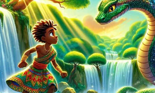 Kofi, un giovane uomo africano di circa 20 anni, si trova ai bordi di una grande cascata, con gli occhi brillanti di determinazione ed eccitazione. Ha la pelle di un caldo marrone, capelli ricci e indossa un abito tradizionale colorato, decorato con motivi africani. Guarda con coraggio il serpente gigante che si erge davanti a lui, pronto ad affrontare una sfida. Il serpente, con squame scintillanti di colori iridescenti, è maestoso e imponente, mentre si muove attorno alle rocce, con uno sguardo saggio e misterioso. Sullo sfondo, la foresta lussureggiante si estende, piena di alberi verdi e fiori vivaci, mentre il sole brilla attraverso le foglie, creando giochi di luce. Il rumore dell'acqua che cade risuona nell'aria, aggiungendo un'atmosfera magica alla scena. Kofi si prepara a risolvere l'enigma del serpente, un momento cruciale della storia in cui deve dimostrare il suo amore per la natura e salvare la foresta.