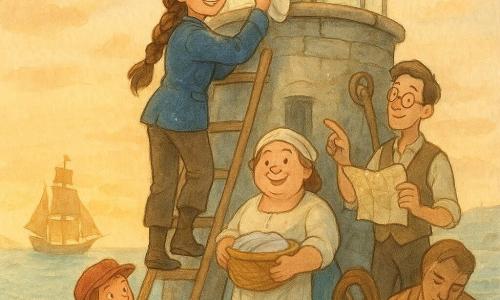 La scena ritrae la capitana Maris, determinata e sorridente, capelli castani in lunga treccia, giacca blu consumata, in piedi su una scala di legno mentre pulisce le grandi lenti del faro con un panno umido; il ragazzo Nino di circa 12 anni, piccolo e vivace con una coppola rossa, tiene la corda della scala sotto di lei; Lalla, cuoca intorno ai 40 anni, rotonda e ridanciana, sorride tenendo un cesto di biancheria all'ingresso del faro; Piripì, cartografo sui 30 anni, magro con occhiali tondi, mostra una mappa e indica una carrucola sulla piattaforma di legno a destra; Manu, alto e muscoloso verso i 35, con imbracature, ripara una ruota di metallo con una chiave inglese accanto a una botola aperta; il mercante Aureo, circa 50 anni con barba parzialmente dorata posticcia, sta sul molo bagnato a braccia conserte osservando con aria dolce; il vecchio pappagallo Geco, verde, è appollaiato sul parapetto gridando una nota gioiosa. Il faro è antico in pietra grigia con grandi lenti mobili, alghe sulle scale e scogli neri bagnati; piccole onde turchesi schizzano e al largo si vede la brigantina Zafferano a vele ocra in una baia dorata al tramonto. Situazione principale: riparazione collettiva del faro sotto una luce morbida, atmosfera di lavoro di squadra, gesti precisi, attrezzi di rame lucenti e gocce d'acqua che scintillano come perle, volti concentrati ma fiduciosi.