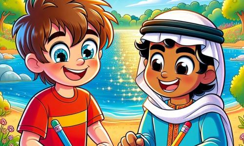 Un ragazzo di 8 anni, Marco, con i capelli castani in disordine e occhi brillanti di curiosità, si trova in riva a un lago scintillante. Indossa una t-shirt rossa e un pantaloncino blu, mostrando un grande sorriso di eccitazione. Accanto a lui, Amir, un ragazzo di 8 anni con capelli neri e pelle dorata, disegna su un foglio di carta, concentrato e felice, con una matita colorata in mano. L'ambiente è un magnifico lago circondato da alti alberi verdi, con fiori colorati lungo la riva. Il cielo è di un blu intenso, punteggiato da nuvole bianche e soffici, e il sole splende, creando riflessi dorati sull'acqua. La scena principale mostra Marco e Amir mentre collaborano per disegnare una mappa del lago, scambiando idee e ridendo insieme, simboleggiando la loro nuova amicizia e la gioia di condividere momenti preziosi.