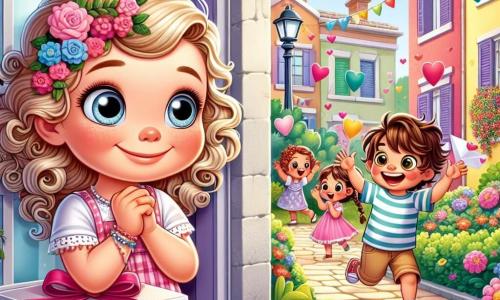 Una bambina di 6 anni, Sofia, con capelli biondi e ricci, grandi occhi curiosi e un sorriso malizioso, si trova davanti a una finestra. Guarda con stupore una scatola colorata posata davanti alla sua porta, con le sopracciglia leggermente aggrottate, mostrando un'espressione di curiosità mista a intrigo. All'esterno, Marco, un ragazzo di 6 anni con capelli castani disordinati e una maglietta a righe, tiene in mano dei cuori di carta, ridendo con Lulù, una bambina di 5 anni con capelli castani e trecce, che indossa un vestito rosa. Stanno giocando nel giardino, circondati da fiori colorati e palloncini fluttuanti, mentre lanciano cuori di carta in aria. Il luogo è un quartiere residenziale soleggiato, con case dalle facciate colorate, giardini fioriti e alberi verdi. La scena trasmette un'atmosfera gioiosa e festosa, con decorazioni di San Valentino appese ovunque. Sofia, incuriosita dalla scatola misteriosa, esita a uscire per unirsi ai suoi amici, chiedendosi cosa possa contenere questo regalo inaspettato.