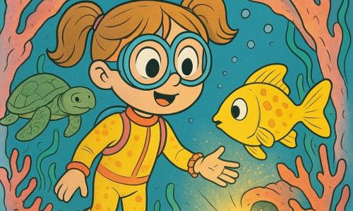 Una niña de 4 años, ojos redondos y coletas castaño claro, lleva un traje de buceo colorido y una máscara redonda; sonríe maravillada y extiende la mano hacia un resplandor dorado. Un pez amarillo brillante con manchas naranjas y aletas translúcidas nada junto a su mano derecha como un amigo curioso. Una tortuga marina mayor, caparazón verde texturizado y ojos suaves, pasa en segundo plano a la izquierda. Fondo marino claro con arcos de coral rosa y naranja, algas verde esmeralda ondulantes, arena pálida y burbujas; la luz del fondo de una cueva de coral ilumina su rostro y hace brillar las perlas de su pulsera de concha.
