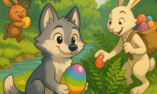 Jonge hoofdpersonage wolf Lupo met glanzende zilvergrijze vacht en grote nieuwsgierige ogen, vreugdevolle trotse blik, houdt een groot regenboogkleurig ei tussen zijn voorpoten; een grote paashaas met crèmewitte vacht en lange slappe oren, ondeugende glimlach en een stoffen tasje vol gekleurde eieren, staat rechtsachter Lupo en stopt een ei in een varenwortel; een klein rond bruin konijntje springt links van Lupo en houdt een goudglanzend ei tegen zijn borst; lenteachtige open plek met dicht groen gras, grote varens, mos op stronken, gele en paarse bloemen, een glinsterend beekje en kastanjebomen op de achtergrond, zachte ochtendlichtvlekken; centrale scène van eieren verstoppen en vinden, warme dynamische gebaren, levendige kleuren en speelse uitnodende sfeer, close-up compositie met gedetailleerde natuurlijke achtergrond.