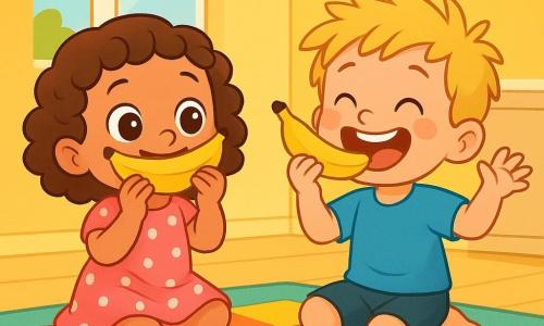 Uma menina de 2 anos, Nina, com grandes olhos brilhantes e cabelos cacheados castanhos, sorri alegremente fazendo um bigode com uma banana. Ela usa um vestido rosa com bolinhas brancas e está sentada em um tapete colorido. Ao lado dela, seu irmão Leo, um menino de 4 anos com cabelos loiros bagunçados e uma camiseta azul, ri imitando sua irmã com uma banana na mão. A cena acontece em uma cozinha iluminada, com paredes amarelas e uma grande janela que deixa entrar o sol. Na mesa, duas bananas estão colocadas, uma grande e uma pequena, enquanto blocos de cores vivas estão espalhados pelo tapete. Nina e Leo se divertem juntos, rindo alto depois de derrubar sua torre de blocos, criando uma atmosfera alegre e cheia de risos.