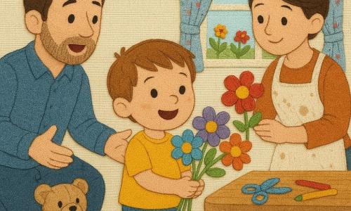 Um menino de 4 anos, rosto redondo, cabelos castanho-claro em mechas, sorridente e maravilhado, segura um buquê de desenhos recortados preso por uma grande corda azul, em pé diante de uma mesa baixa; um homem (pai) de ~35 anos, barba incipiente e cabelos curtos castanhos, ajoelha-se com expressão surpresa e ternura abrindo os braços; uma mulher (mãe) de ~33 anos, cabelo preso em coque e avental manchado de farinha, sorri enquanto ajuda a segurar as flores de papel; a cozinha iluminada pela manhã tem uma mesa de madeira clara com lápis de cor espalhados, uma caixa de tesouras, um ursinho de pelúcia com uma velha corda azul e uma janela para um pequeno jardim florido; cena principal: entrega surpresa de um buquê colorido de flores-desenho para o Dia dos Pais, gestos ternos, cores vivas, texturas costuradas visíveis, costuras aparentes e pedaços de tecido com bordas zingadas.